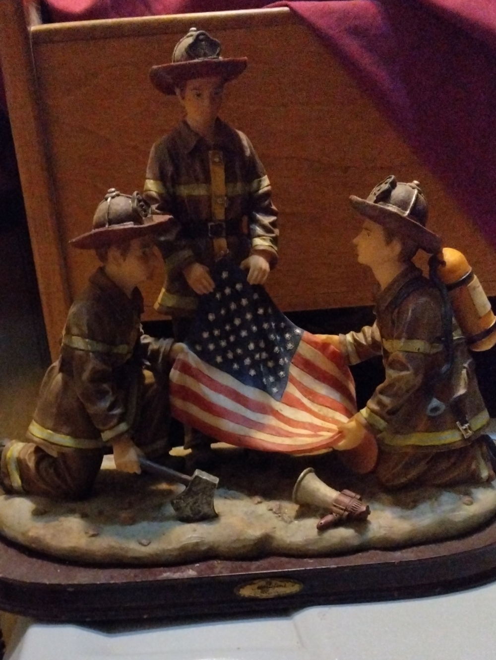 Resin Firefighter Figurine Trio with American Flag - Brown